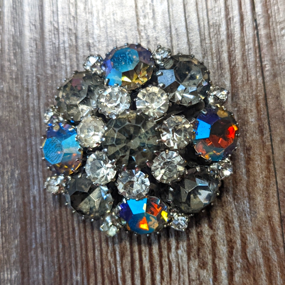 1950s Vintage Weiss Aurora Borealis Brooch Blue Gold Rhinestones Costume Jewelry 80$